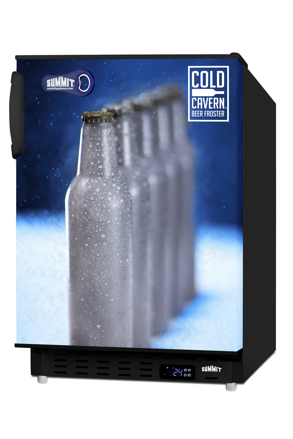 COLD CAVERN beer froster, Summit's built-in undercounter ADA compliant freezer that stores aluminum bottled beer at 24 F; manual defrost operation with door decal and black cabinet finish